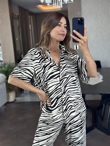 Ekru Zebra Desenli Kısa Kol Gömlek Pantolon Kadın Alt Üst Takım