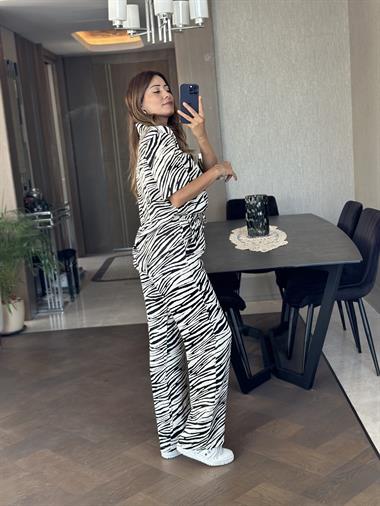 Ekru Zebra Desenli Kısa Kol Gömlek Pantolon Kadın Alt Üst Takım