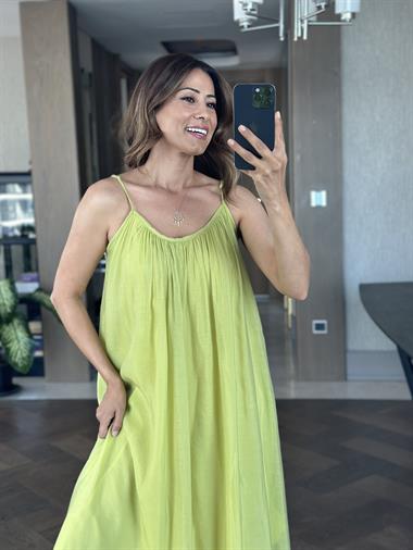 Fıstık Yeşili Ayarlanabilir Askılı Astarlı Salaş Maksi Boy Kadın Elbise