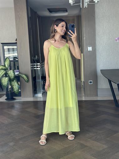 Fıstık Yeşili Ayarlanabilir Askılı Astarlı Salaş Maksi Boy Kadın Elbise