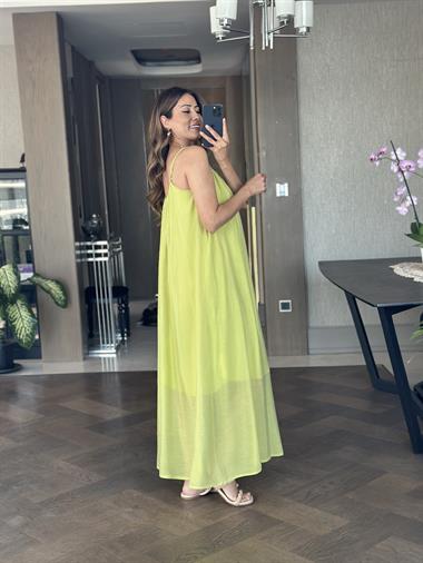Fıstık Yeşili Ayarlanabilir Askılı Astarlı Salaş Maksi Boy Kadın Elbise