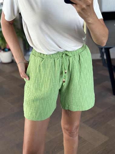 Fıstık Yeşili Bağcığı Boncuklu Cepli Müslin Kumaş Kadın Şort