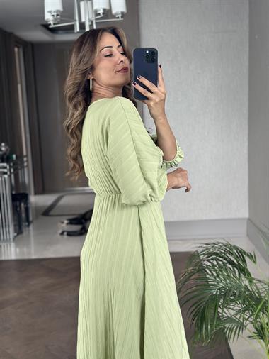 Fıstık Yeşili Fakir Kol Beli Lastikli  Kadın Maksi Boy Elbise