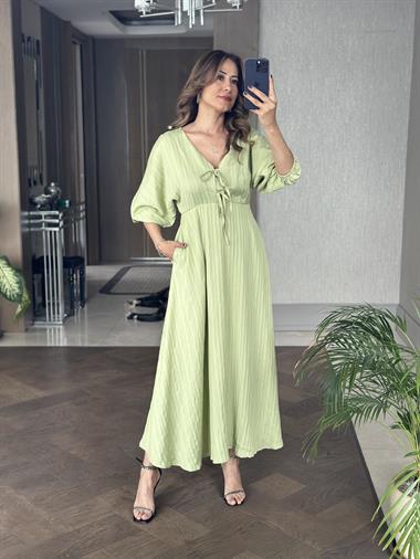 Fıstık Yeşili Fakir Kol Beli Lastikli  Kadın Maksi Boy Elbise