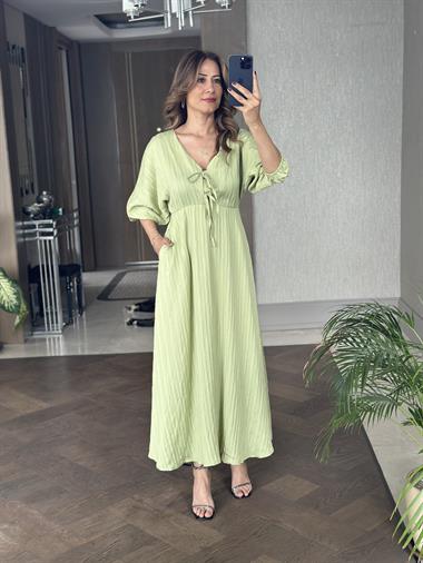 Fıstık Yeşili Fakir Kol Beli Lastikli  Kadın Maksi Boy Elbise