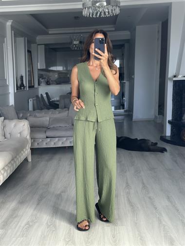 Fıstık Yeşili Gofre Yelek Pantolon Kadın Alt Üst Takım