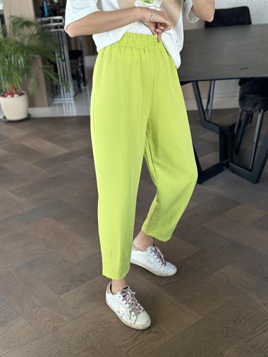 Fıstık Yeşili Keten Beli Lastikli Paçası Pensli Cepsiz Kadın Pantolon
