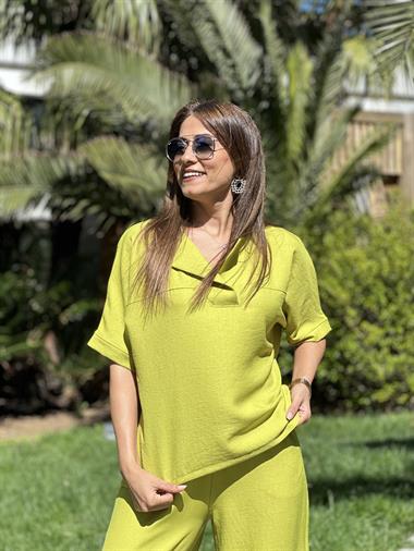 Fıstık Yeşili Kısa Kol Yaka V Detay Aerobin Kadın İkili Takım