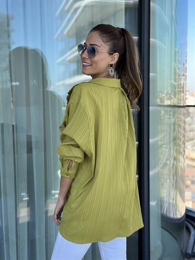 Fıstık Yeşili Tek Cepli Dokulu Salaş Kadın Gömlek