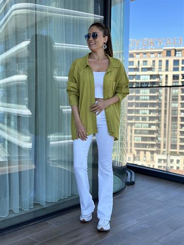 Fıstık Yeşili Tek Cepli Dokulu Salaş Kadın Gömlek