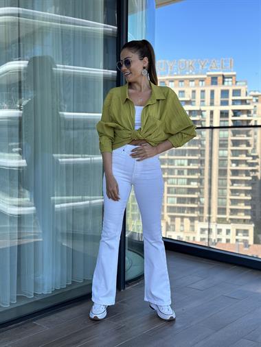 Fıstık Yeşili Tek Cepli Dokulu Salaş Kadın Gömlek