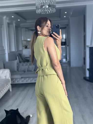 Fıstık Yeşili Terni Yelek Pantolon Kadın Keten Alt Üst Takım