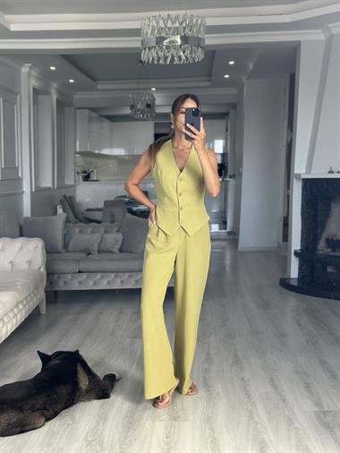 Fıstık Yeşili Terni Yelek Pantolon Kadın Keten Alt Üst Takım