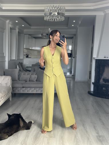 Fıstık Yeşili Terni Yelek Pantolon Kadın Keten Alt Üst Takım