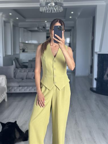 Fıstık Yeşili Terni Yelek Pantolon Kadın Keten Alt Üst Takım