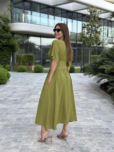 Fıstık Yeşili Yarasa Kol Kruvaze Yaka  Aerobin Kadın Elbise 