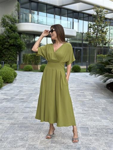 Fıstık Yeşili Yarasa Kol Kruvaze Yaka  Aerobin Kadın Elbise 