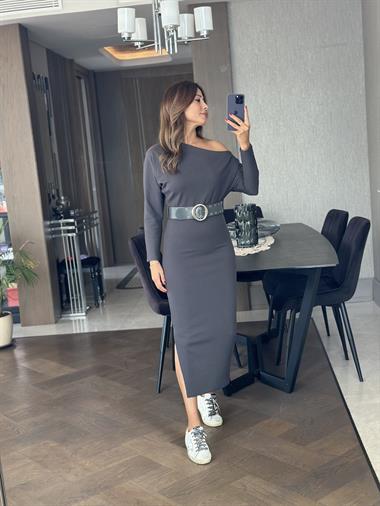 Füme Asimetrik Yaka Fitilli Kaşkorse Kemerli Yırtmaçlı Midi Boy Kadın Elbise 
