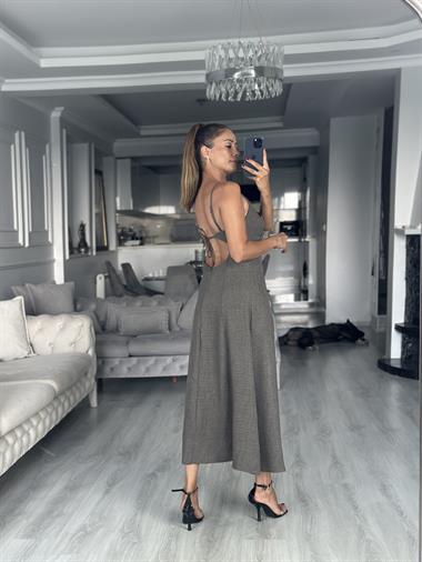 Haki Ayarlanabilir İp Askılı Dekolteli Parçalı Midi Boy Kadın Elbise