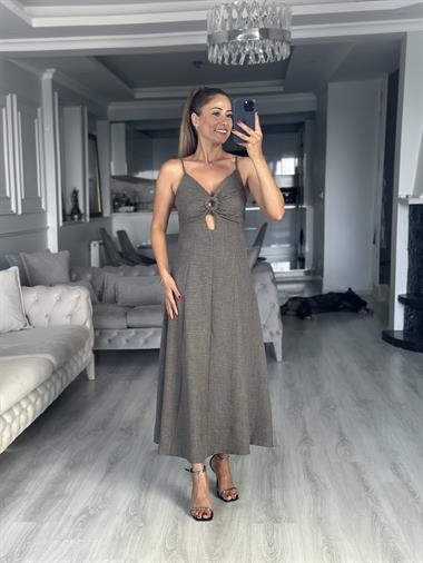 Haki Ayarlanabilir İp Askılı Dekolteli Parçalı Midi Boy Kadın Elbise