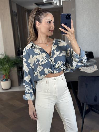 Füme Bej Desenli Salaş Kadın Gömlek