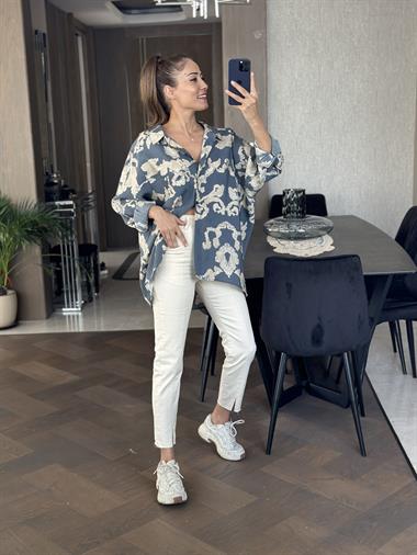 Füme Bej Desenli Salaş Kadın Gömlek