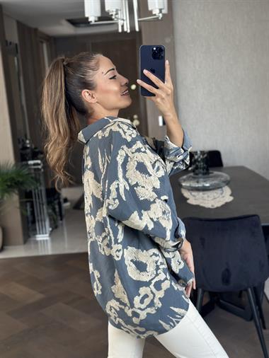 Füme Bej Desenli Salaş Kadın Gömlek