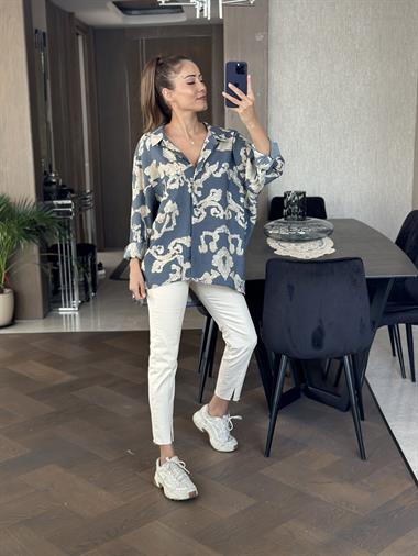 Füme Bej Desenli Salaş Kadın Gömlek