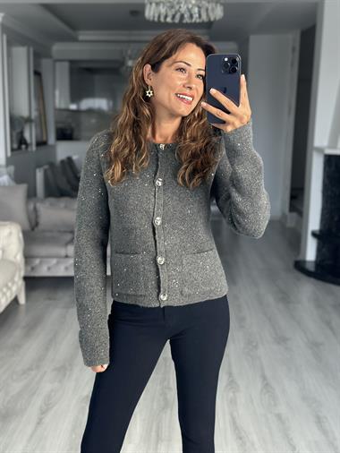 Füme Bisiklet Yaka Düğmeli Pullu Kadın Triko Hırka