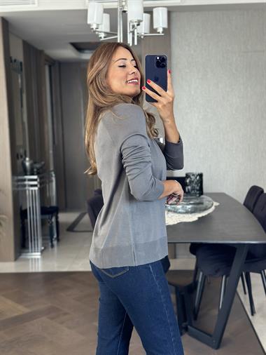 Füme Bisiklet Yaka Uzun Kol Dlvn Düz Merserize Kadın Bluz