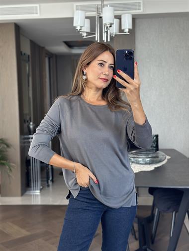 Füme Bisiklet Yaka Uzun Kol Dlvn Düz Merserize Kadın Bluz