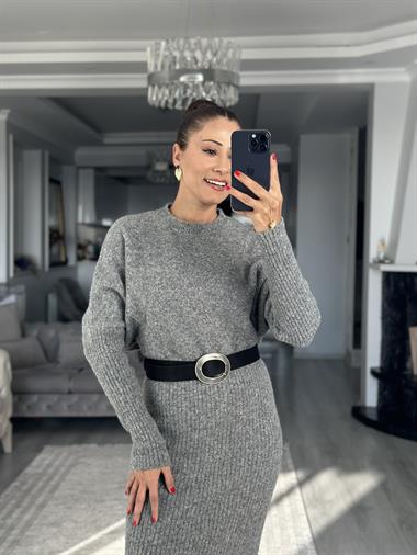Füme Bisiklet Yaka Uzun Kol Midi Boy Kadın Triko Elbise