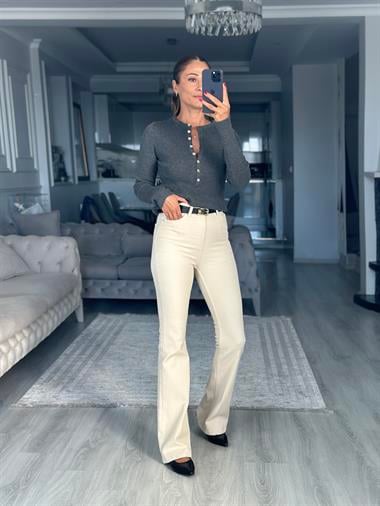 Füme Bisiklet Yaka Yünlü Yarım Düğmeli Kadın Triko Kazak