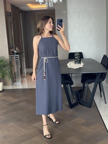 Füme Ham Keten Yüzücü Yaka Askılı Kemerli Kadın Elbise 