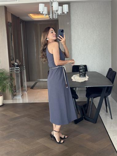 Füme Ham Keten Yüzücü Yaka Askılı Kemerli Kadın Elbise 