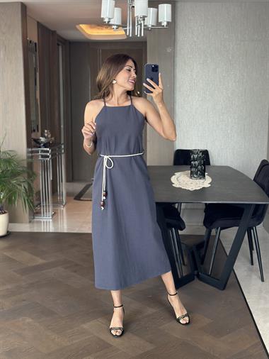 Füme Ham Keten Yüzücü Yaka Askılı Kemerli Kadın Elbise 