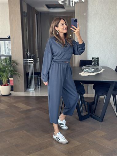 Füme Kapüşonlu Sweat Düz Paça Pantolon Kadın İkili Takım