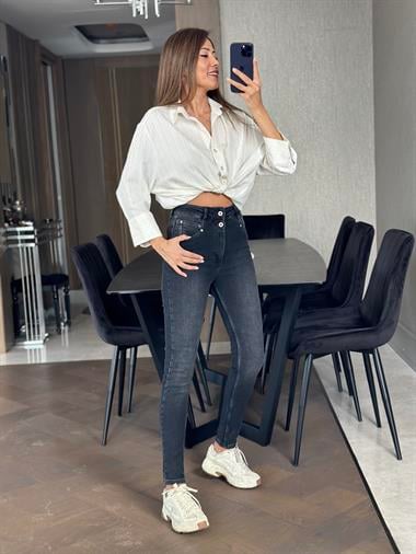 Füme Karol İki Düğmeli Skinny Kadın Jean Pantolon