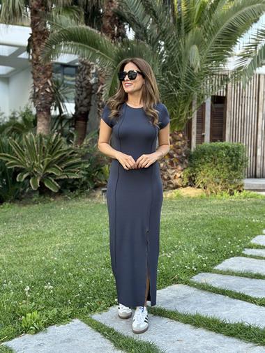 Füme Kaşkorse Kısa Kol Bisiklet Yaka Dikiş Detay Yırtmaçlı Kadın Elbise 