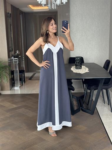 Füme Keten Askılı Kalın Şerit Detay Kadın Elbise 