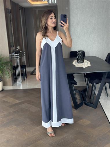 Füme Keten Askılı Kalın Şerit Detay Kadın Elbise 