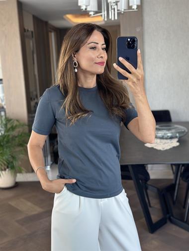 Füme Kısa Kol Bisiklet Yaka Orjinal Marka Basic Kadın T-shirt