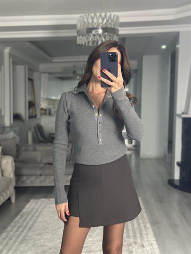 Füme Melanj Dik Yaka Çıtçıt Düğmeli Kadın Triko Kazak