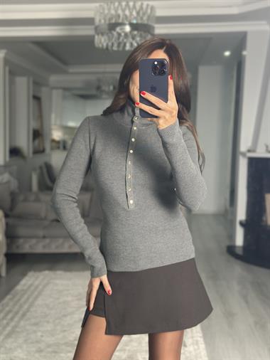 Füme Melanj Dik Yaka Çıtçıt Düğmeli Kadın Triko Kazak