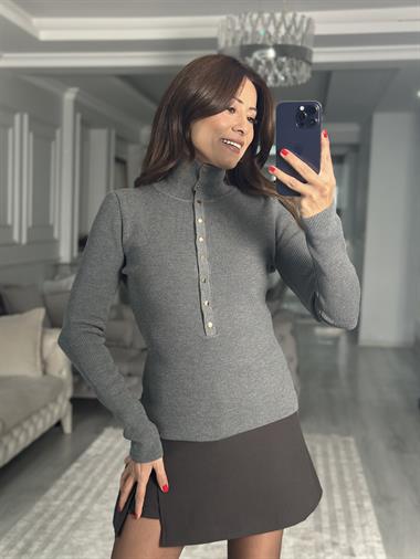 Füme Melanj Dik Yaka Çıtçıt Düğmeli Kadın Triko Kazak