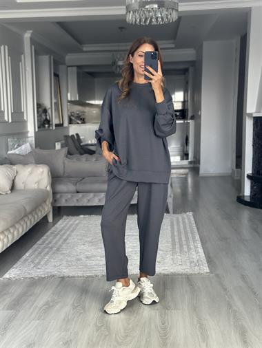 Füme Oversize Bisiklet Yaka Sweatshirt Pantolon Kadın Alt Üst Takım