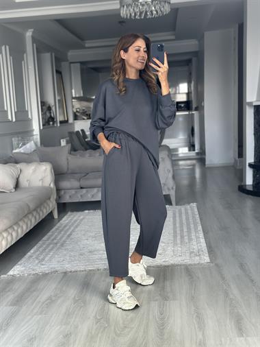 Füme Oversize Bisiklet Yaka Sweatshirt Pantolon Kadın Alt Üst Takım