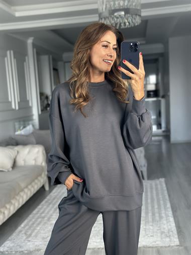 Füme Oversize Bisiklet Yaka Sweatshirt Pantolon Kadın Alt Üst Takım