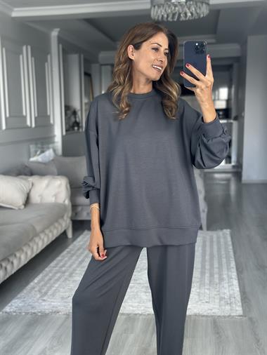Füme Oversize Bisiklet Yaka Sweatshirt Pantolon Kadın Alt Üst Takım
