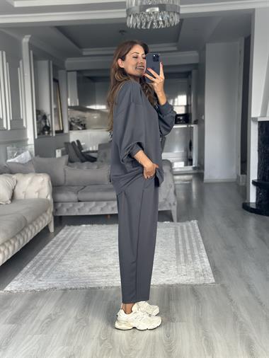 Füme Oversize Bisiklet Yaka Sweatshirt Pantolon Kadın Alt Üst Takım